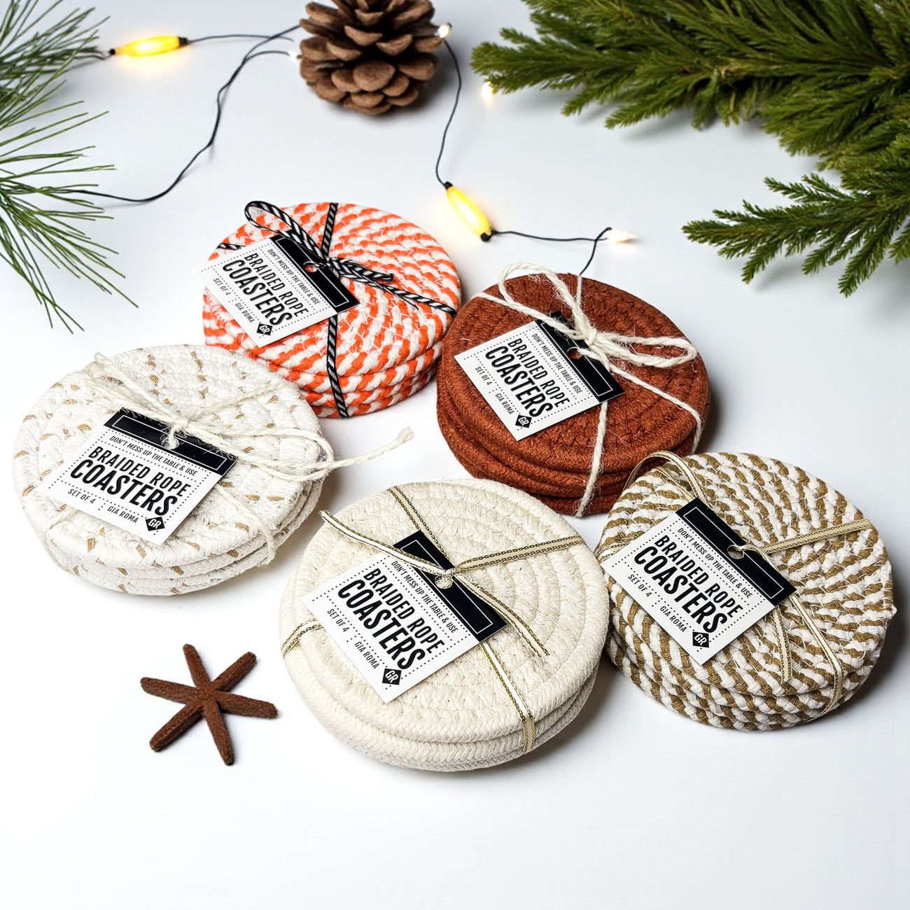 Cream braided rope coasters neutral home decor gift bundle
Natural braided rope coasters beige neutral fall gift set
White braided rope coasters neutral home decor gift ready